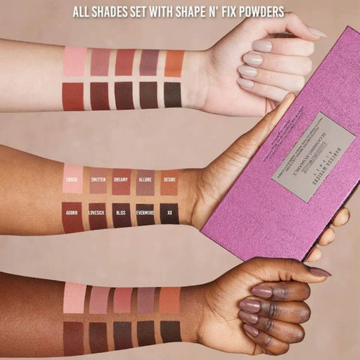 Arm swatches on 3 different skin tones holding a closed palette