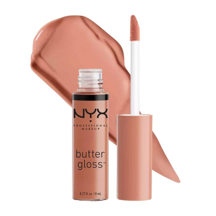 NYX Butter Gloss Madeline with swatch behind product
