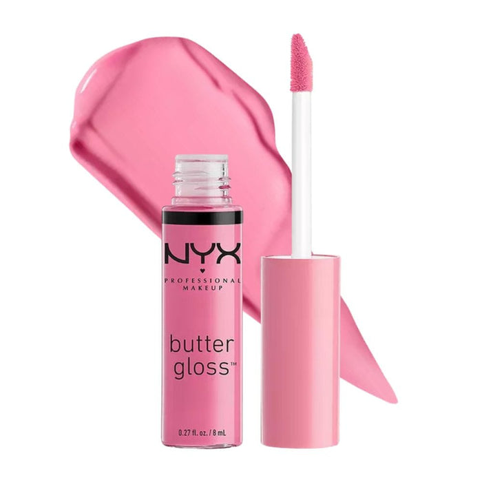 NYX Butter Gloss Merengue with swatch behind product
