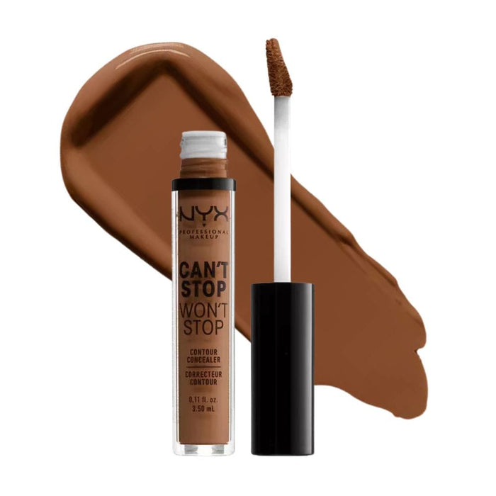 Nyx Can't Stop Won't Stop Contour Concealer 17 Cappuccino with swatch behind product