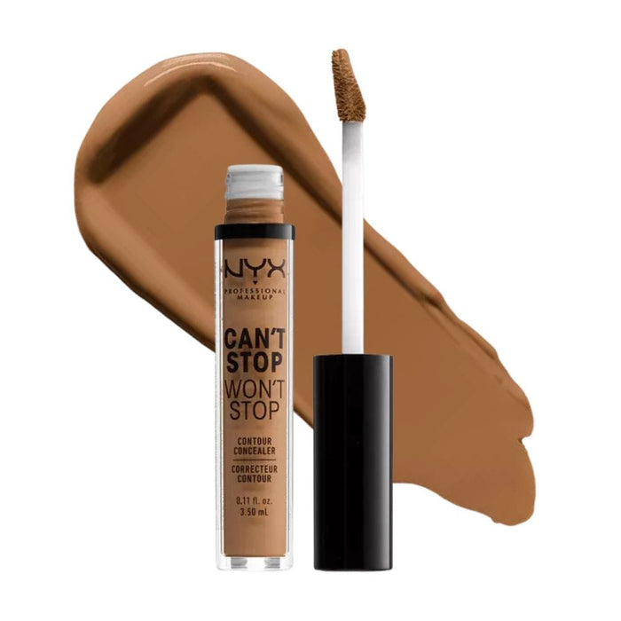 Nyx Can't Stop Won't Stop Contour Concealer 12.7 Neutral Tan with swatch behind product