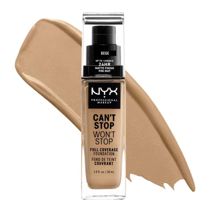 Nyx Can't Stop Won't Stop Full Coverage Foundation  Beige with swatch behind product
