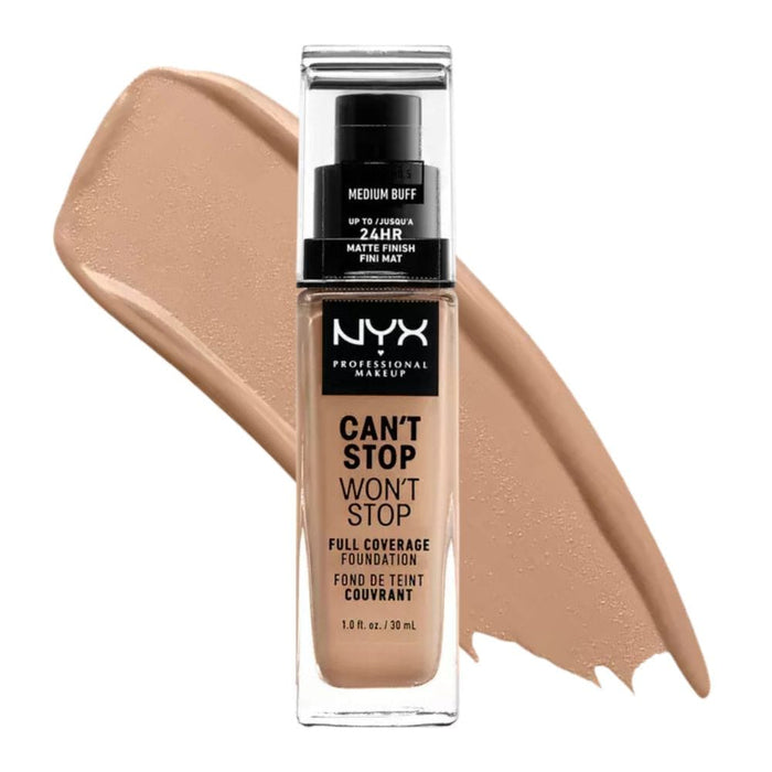 Nyx Can't Stop Won't Stop Full Coverage Foundation Medium Buff with swatch behind product