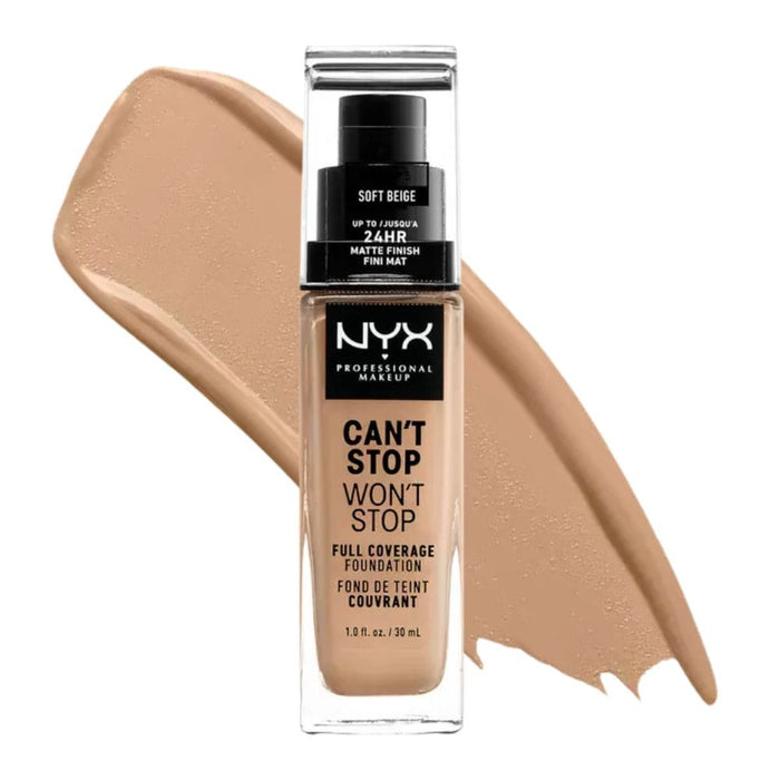 Nyx Can't Stop Won't Stop Full Coverage Foundation Soft Beige with swatch behind product