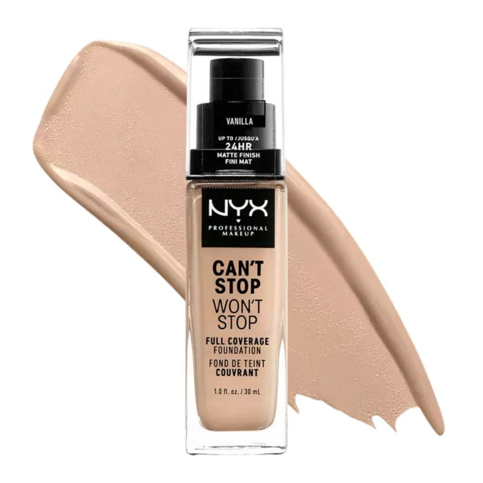 Nyx Can't Stop Won't Stop Full Coverage Foundation Vanilla with swatch behind product