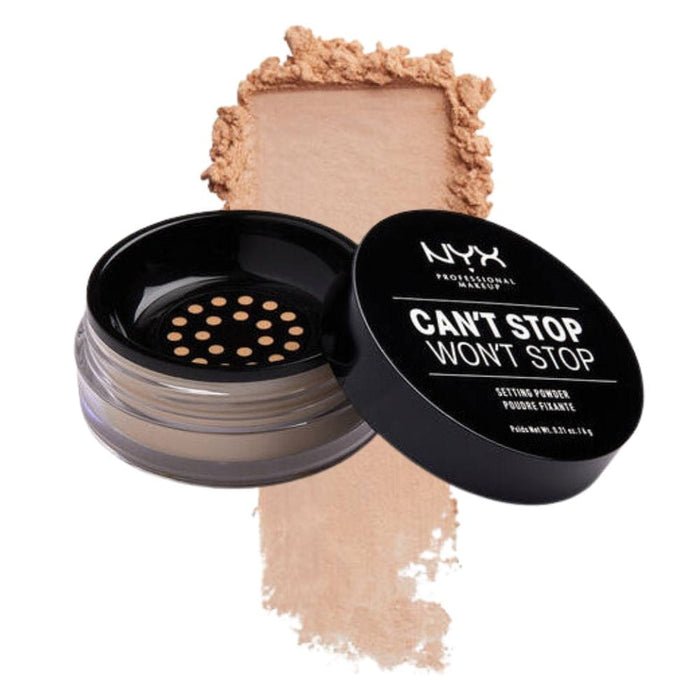 NYX Can't Stop Won't Stop Setting Powder Medium with swatch behind product
