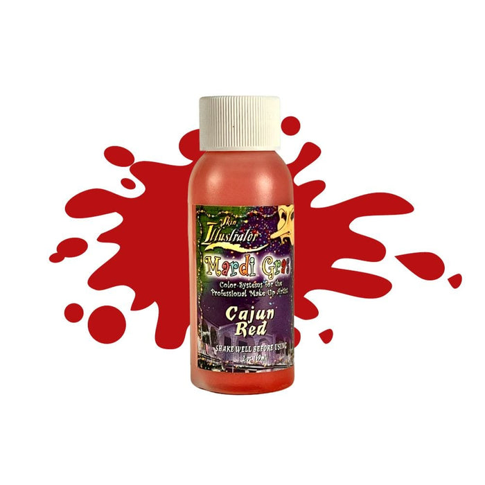 Skin Illustrator Mardi Gras Liquid Cajun Red 2oz bottle with swatch behind.