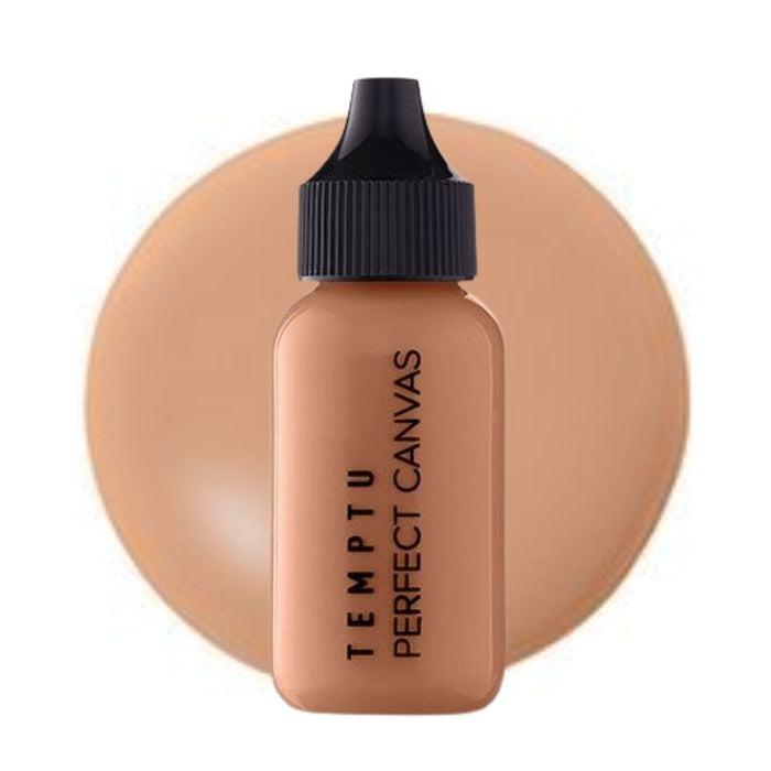 Temptu Perfect Canvas Hydra Lock Airbrush Foundation 1oz bottle 8W Toffee with swatch behind