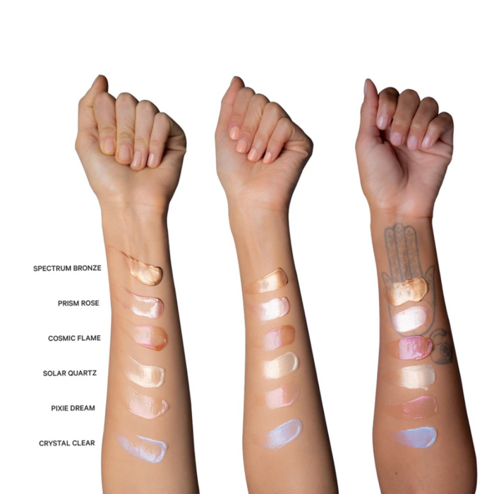 Kevyn Aucoin Glass Glow Face and Body swatches on different skin tones 