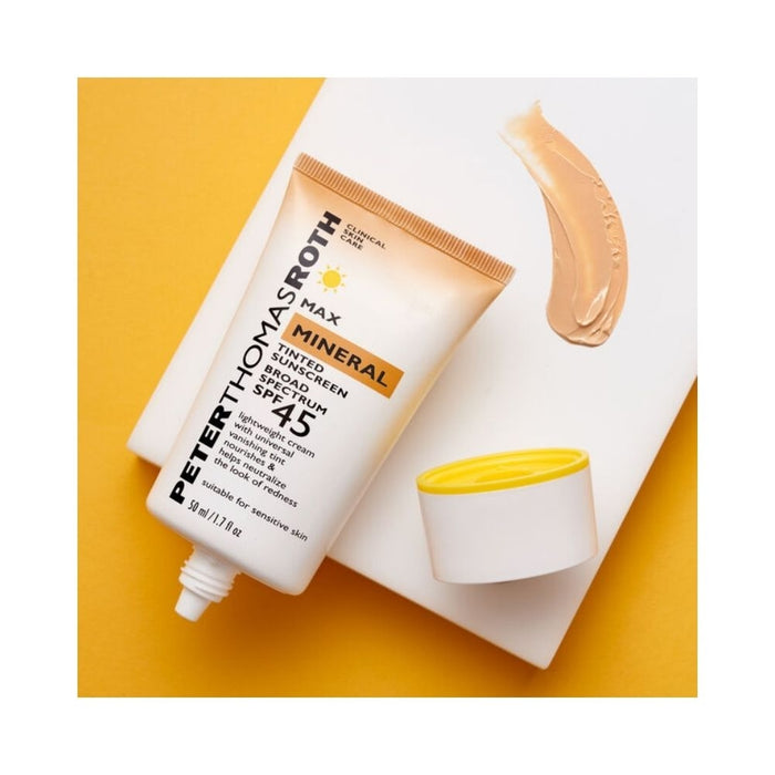 Peter Thomas Roth Max Mineral Tinted Sunscreen Broad Spectrum SPF 45 Stylized w Swatch 
