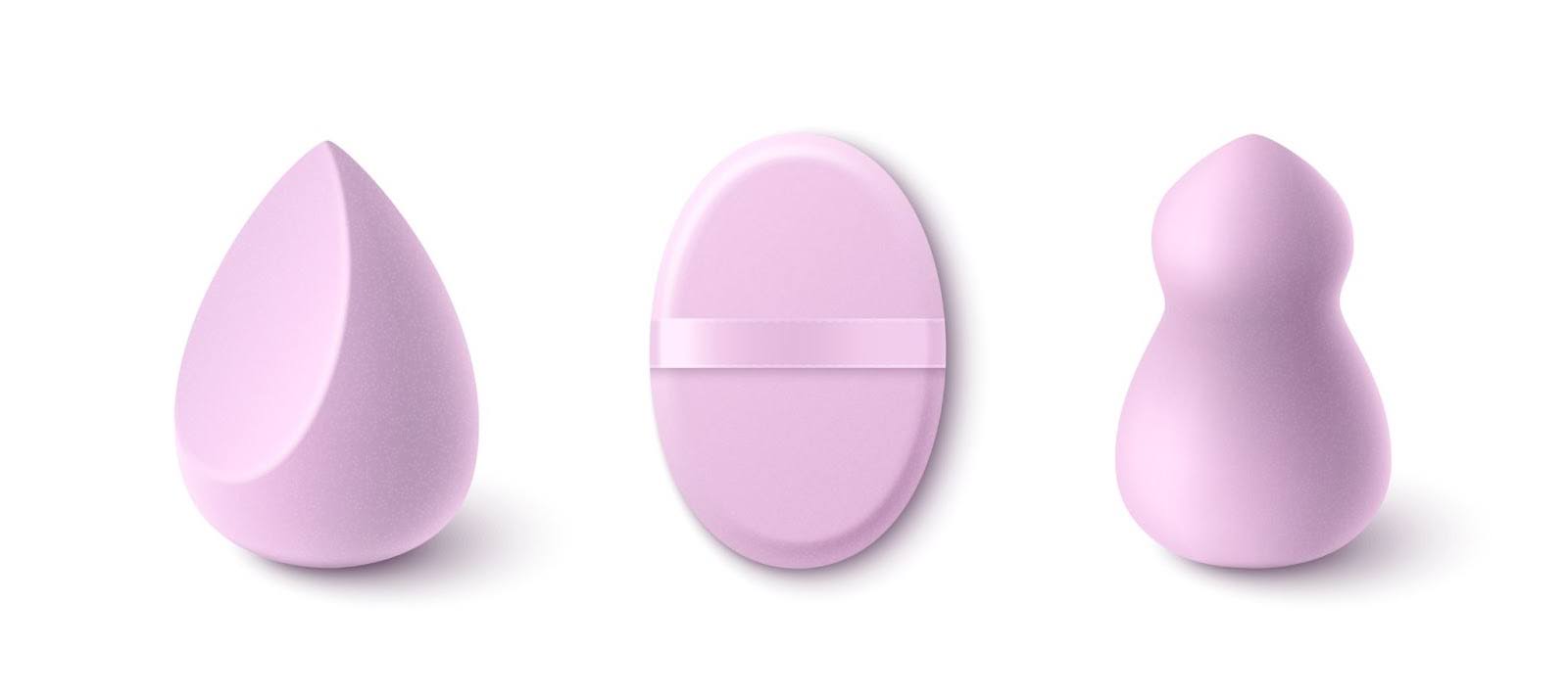 Pink makeup sponges in three different shapes displayed on a white background