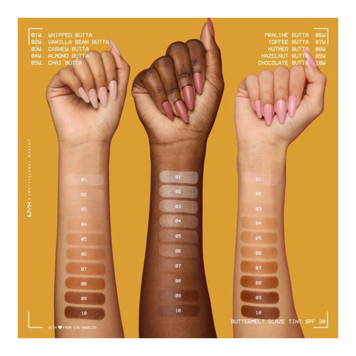 NYX Buttermelt Glaze Soft Glow Skin Tint  swatches on different skin tones