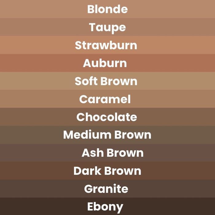 Brow Definer Color chart with color names in white text
