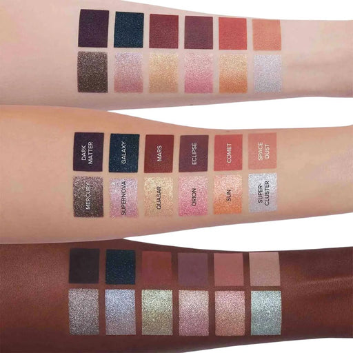 Anastasia Beverly Hills Cosmos Eyeshadow Palette swatches on the arms of different skin tones. Center arm includes names over top of the swatches