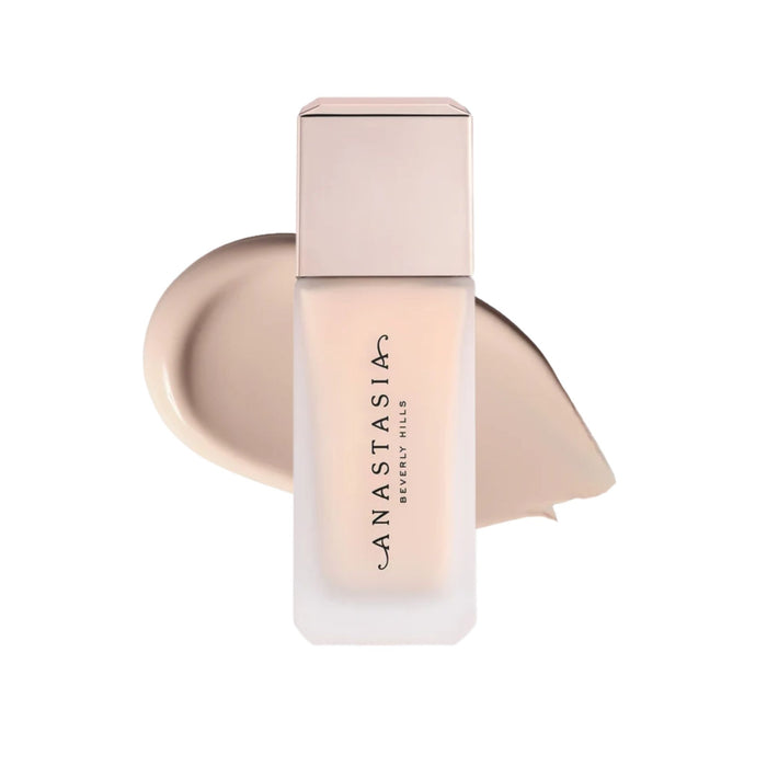 Anastasia Beverly Hills Impeccable Blurring Second-Skin Matte Foundation Bottle 00CR with swatch behind