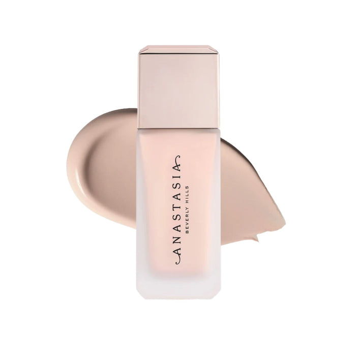 Anastasia Beverly Hills Impeccable Blurring Second-Skin Matte Foundation Bottle 1.5CR with swatch behind