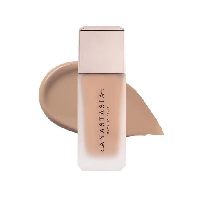 Anastasia Beverly Hills Impeccable Blurring Second-Skin Matte Foundation Bottle 3.25N with swatch behind