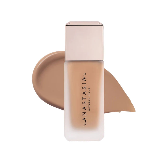 Anastasia Beverly Hills Impeccable Blurring Second-Skin Matte Foundation Bottle 3.75N with swatch behind
