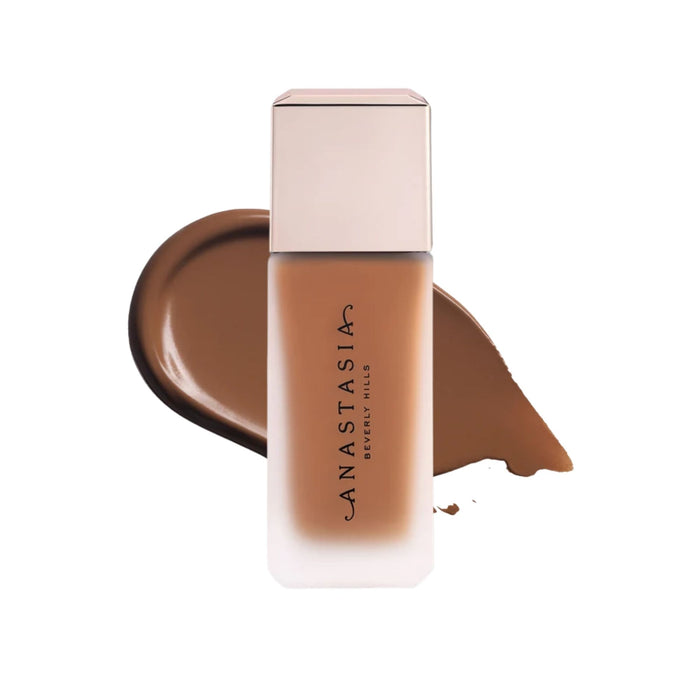 Anastasia Beverly Hills Impeccable Blurring Second-Skin Matte Foundation Bottle 5.5N with swatch behind