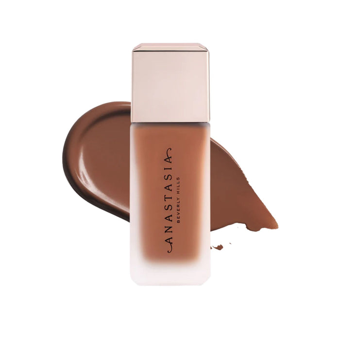 Anastasia Beverly Hills Impeccable Blurring Second-Skin Matte Foundation Bottle 6N with swatch behind