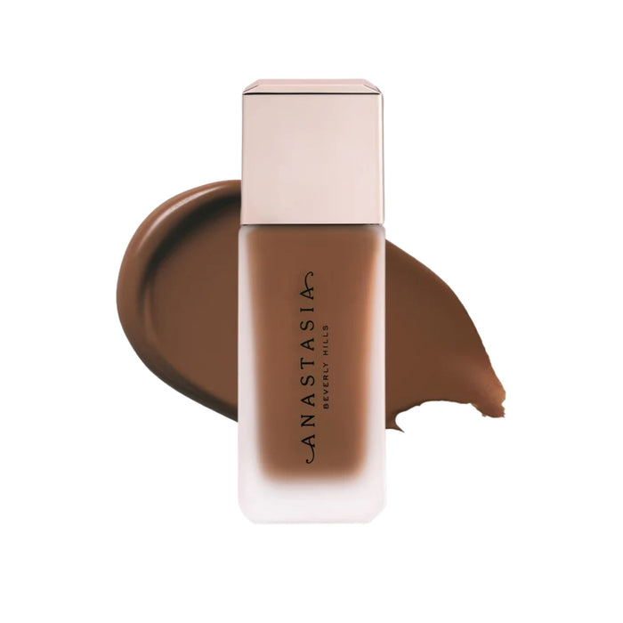 Anastasia Beverly Hills Impeccable Blurring Second-Skin Matte Foundation Bottle 6WO with swatch behind