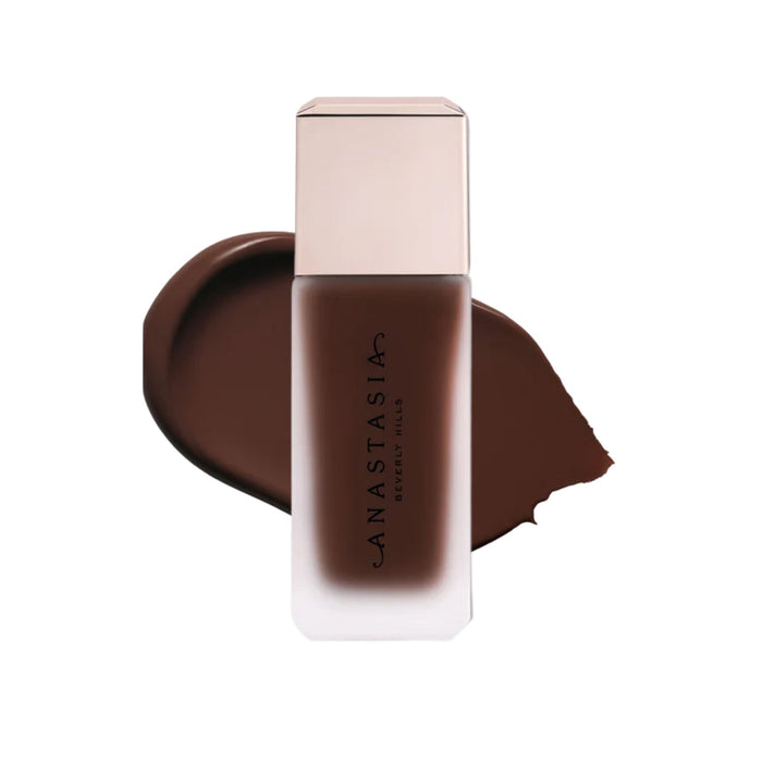 Anastasia Beverly Hills Impeccable Blurring Second-Skin Matte Foundation Bottle 8.5N with swatch behind
