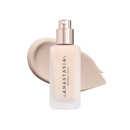 Anastasia Beverly Hills Impeccable Blurring Second-Skin Matte Foundation Bottle 00N with swatch behind