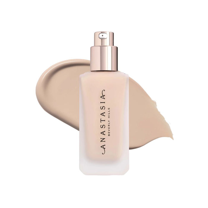 Anastasia Beverly Hills Impeccable Blurring Second-Skin Matte Foundation Bottle 0CR with swatch behind 