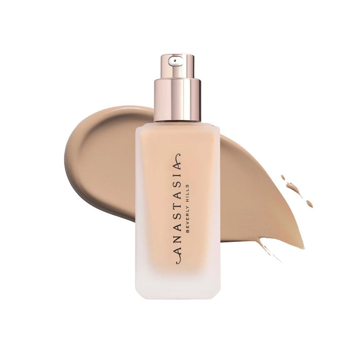 Anastasia Beverly Hills Impeccable Blurring Second-Skin Matte Foundation Bottle 2N with swatch behind
