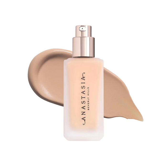 Anastasia Beverly Hills Impeccable Blurring Second-Skin Matte Foundation Bottle 2WP with swatch behind