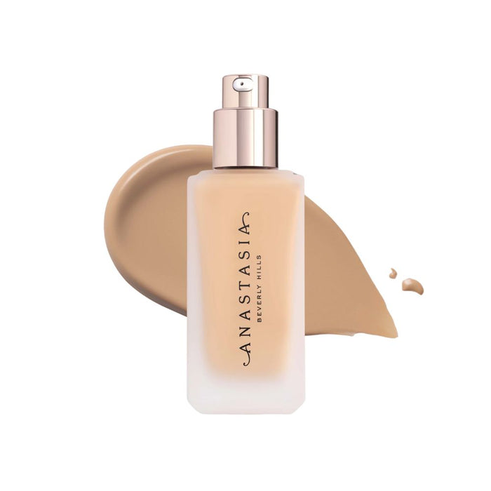 Anastasia Beverly Hills Impeccable Blurring Second-Skin Matte Foundation Bottle 2W with swatch behind
