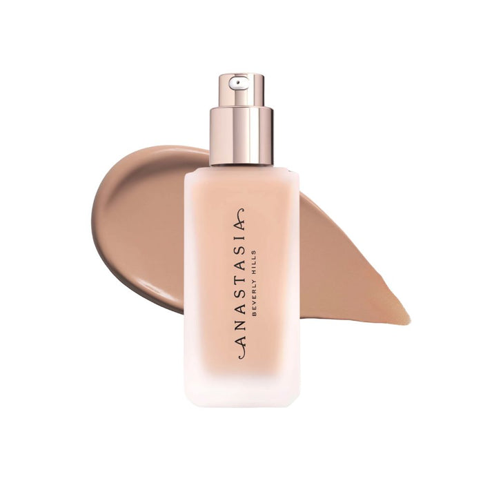 Anastasia Beverly Hills Impeccable Blurring Second-Skin Matte Foundation Bottle 3CR with swatch behind
