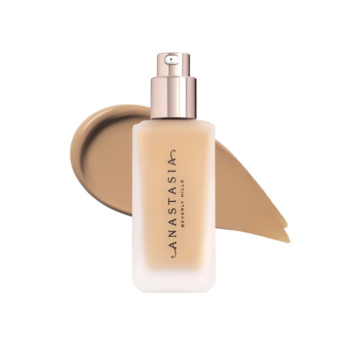 Anastasia Beverly Hills Impeccable Blurring Second-Skin Matte Foundation Bottle 3W with swatch behind