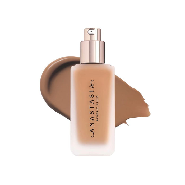 Anastasia Beverly Hills Impeccable Blurring Second-Skin Matte Foundation Bottle 4.5W with swatch behind