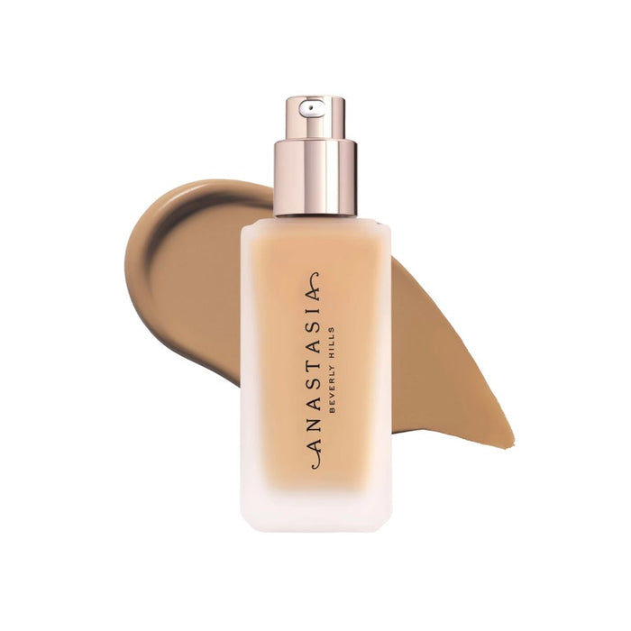 Anastasia Beverly Hills Impeccable Blurring Second-Skin Matte Foundation Bottle 4WO with swatch behind