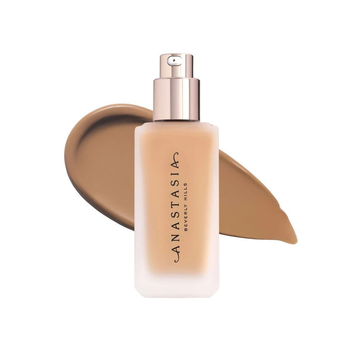 Anastasia Beverly Hills Impeccable Blurring Second-Skin Matte Foundation Bottle 4W with swatch behind