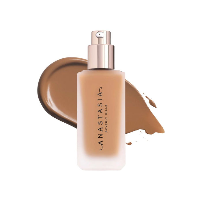 Anastasia Beverly Hills Impeccable Blurring Second-Skin Matte Foundation Bottle 5W with swatch behind