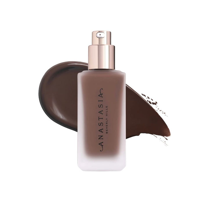 Anastasia Beverly Hills Impeccable Blurring Second-Skin Matte Foundation Bottle 9N with swatch behind