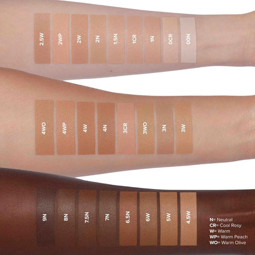 Anastasia Beverly Hills Impeccable Blurring Second-Skin Matte Foundation swatch chart on arms. Shade number on respected swatch. Key legend for what each letter represents in bottom right corner.