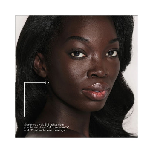 Anastasia Beverly Hills Impeccable 24HR Blurring Matte Setting Spray instructions for use text under dark skin model headshot