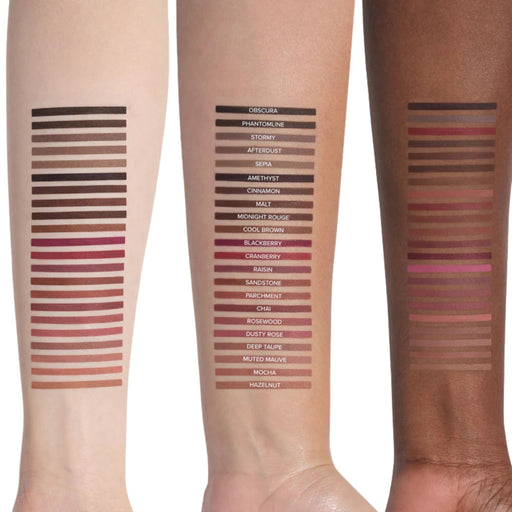 Anastasia Beverly Hills Lip Liner shade swatches on the forearm - light, medium and dark skin.