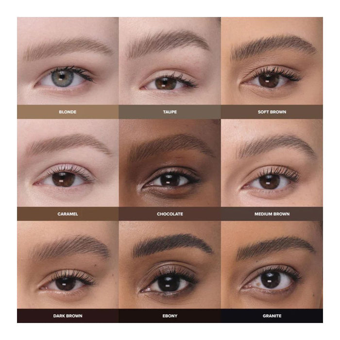 Anastasia Beverly Hills MicroStroke Brow Pens applied on the eyebrow with shade names under 