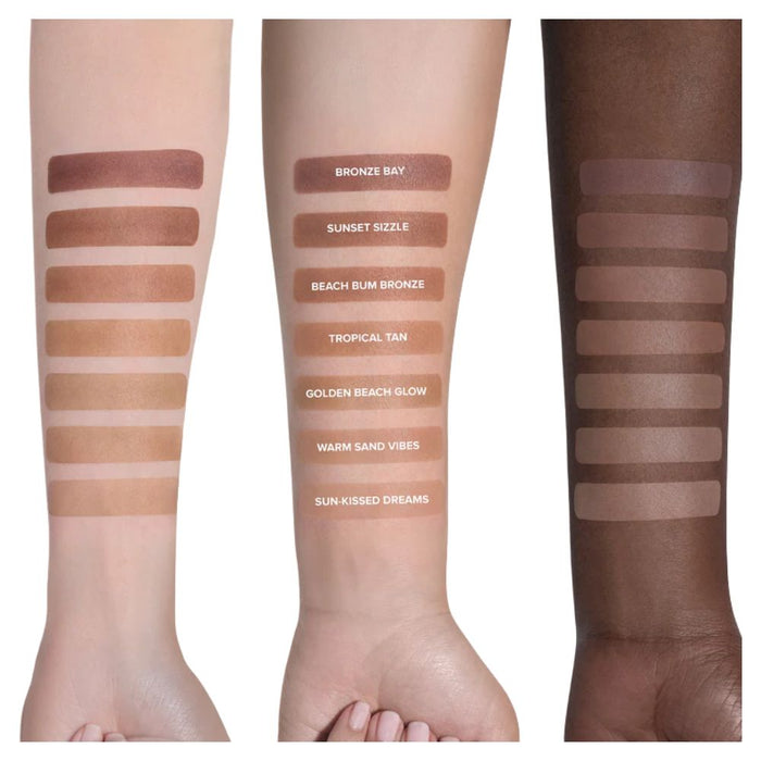 Anastasia Beverly Hills Smooth Blur Bronzer  swatches on light, medium and dark skin tone arms. Middle arm includes names of swatches