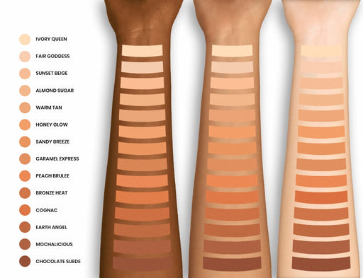 Ashunta Sheriff BlurEFX Flawless Concealer and Foundation swatched on 3 different arms  with names of shades on left