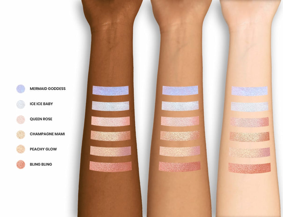 Multichrome Highlighter swatches on 3 different arms with names next to them