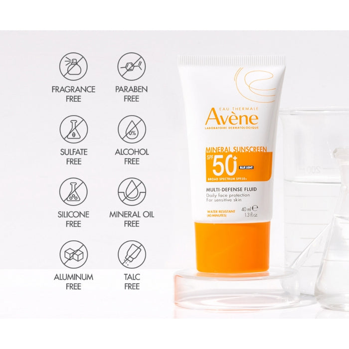 Avene Solaire UV Mineral Multi Defense Tinted Sunscreen Fluid with icons showing how clean the formula is.