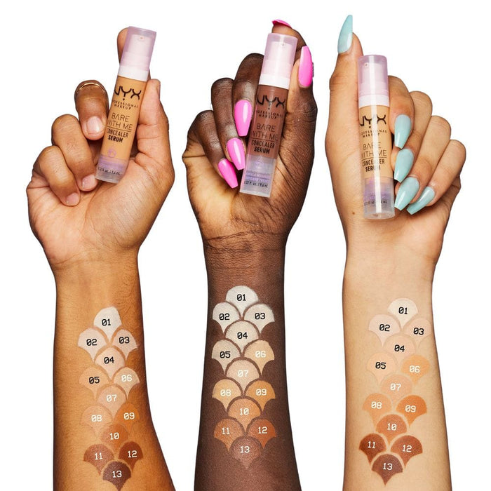 NYX Bare With Me Concealer Serum arm swatches on 3 different skin tones