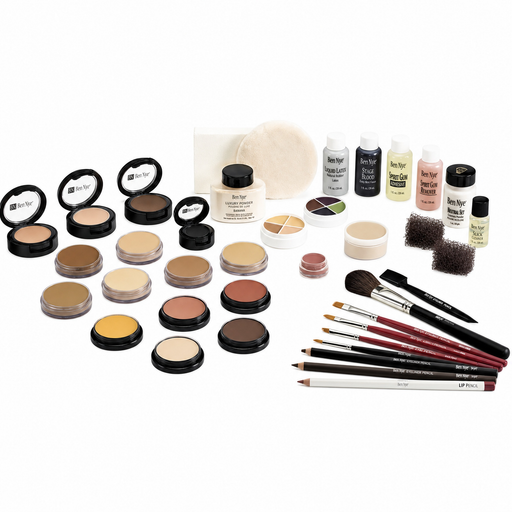 Ben Nye Master Production Kit with foundations, powders, creme colors, adhesives, removers, brushes, pencils, sponges, and applicators for professional film, theatre, stage, and special effects makeup.