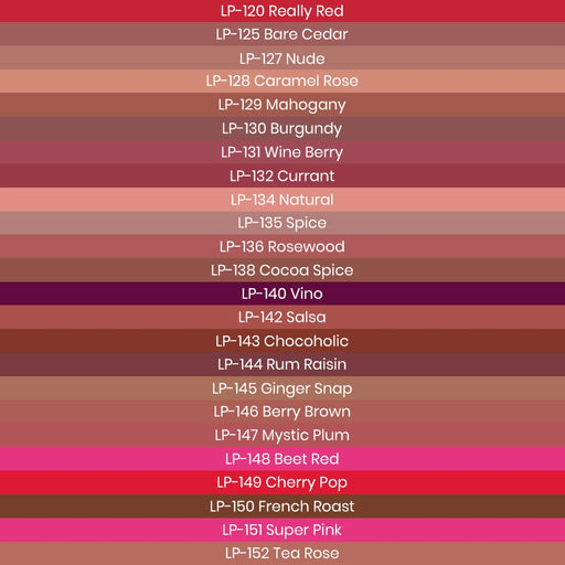 Ben Nye LP Lip Colour Pencil Color Chart with names of Pencil  listed in color chart