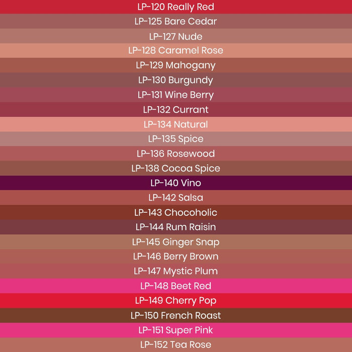 Ben Nye LP Lip Colour Pencil Color Chart with names of Pencil  listed in color chart